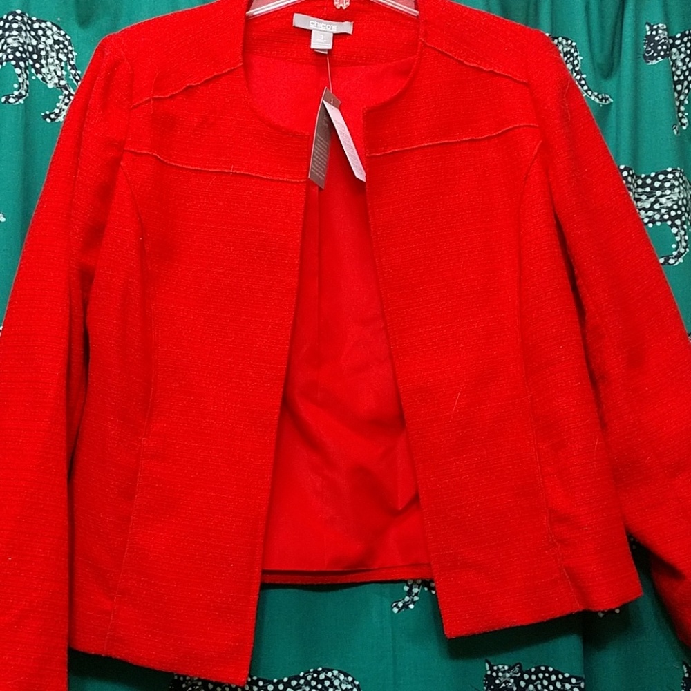 Bright red open front boucle jacket